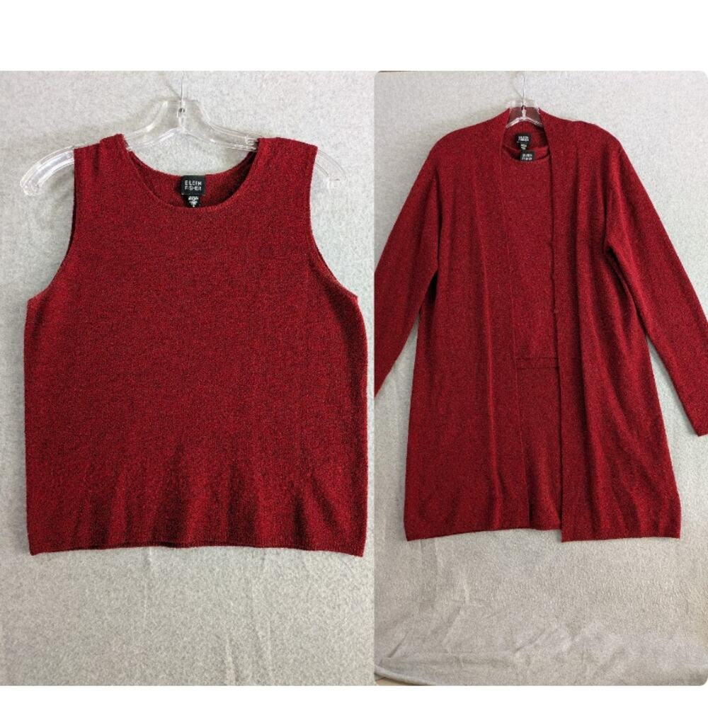 Eileen Fisher Long Cardigan‎ L Tank Top S Women Wool Blend Cozy Red Set of 2
